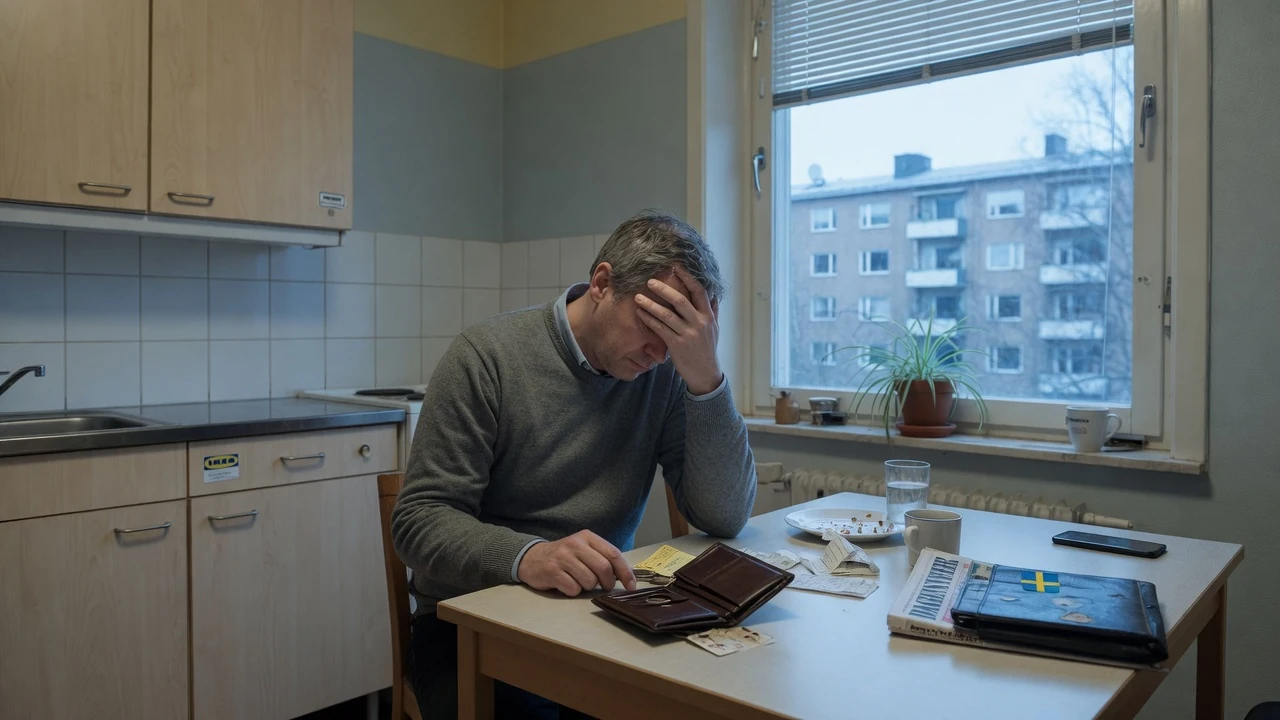 Ensam man vid köksbordet med handen för pannan, uttrycker oro och ångest