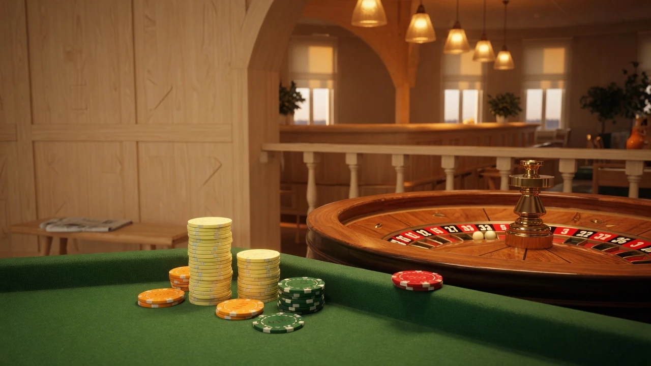 Roulettbord med hjul och marker i en svensk casinomiljö