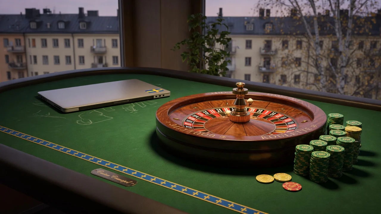 Roulettehjul och casinofigurer på ett bord i svensk stil