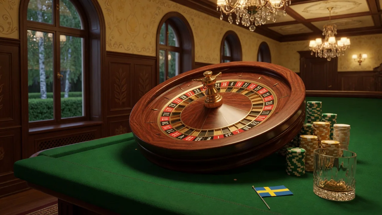 Polerat roulettehjul på grönt casino-bord med marker och svensk flagga