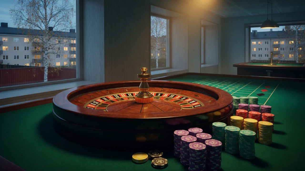 Rouletthjul och casinofickor i mörk lyxig studio