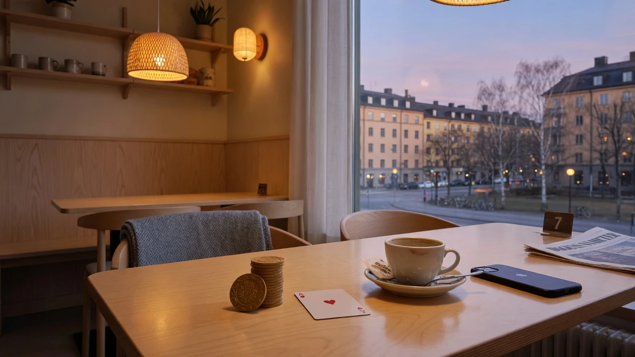 Skandinavisk loungebord med casinofigurer och en vänd mobiltelefon, varm belysning