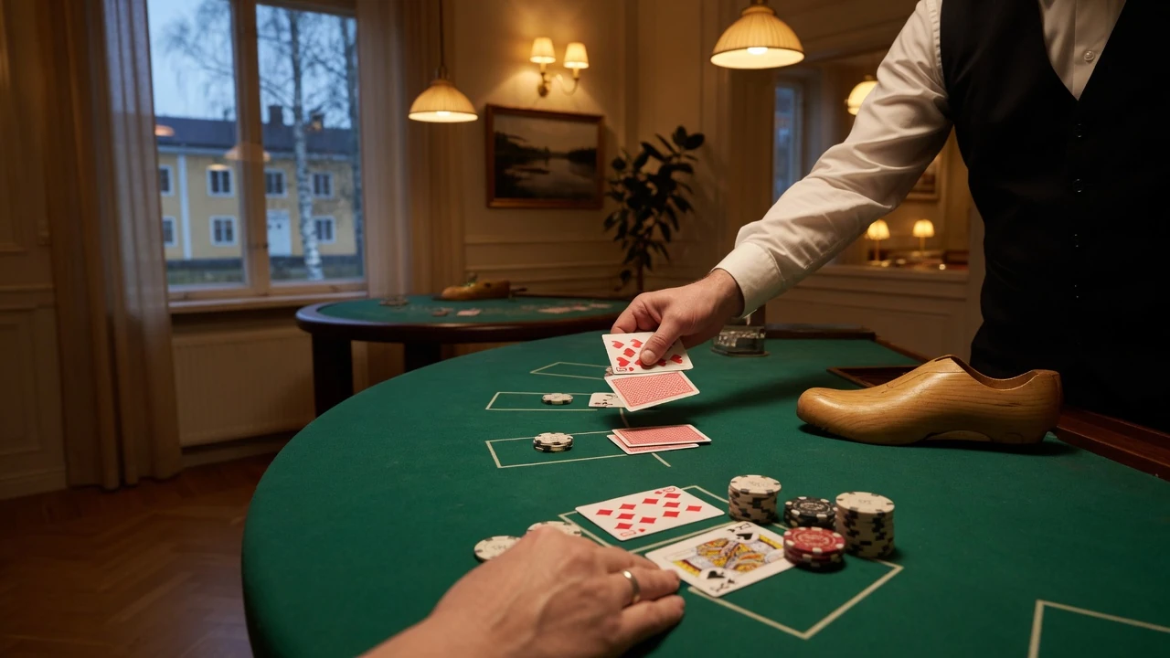 Klassiskt blackjackbord med dealern som delar ut kort och gröna spelmarker