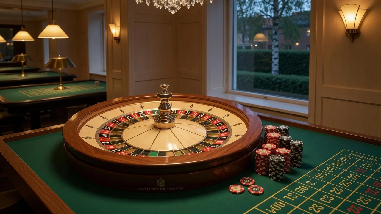 Elegant roulettehjul på grönt bord i lyxig casinomiljö med marker