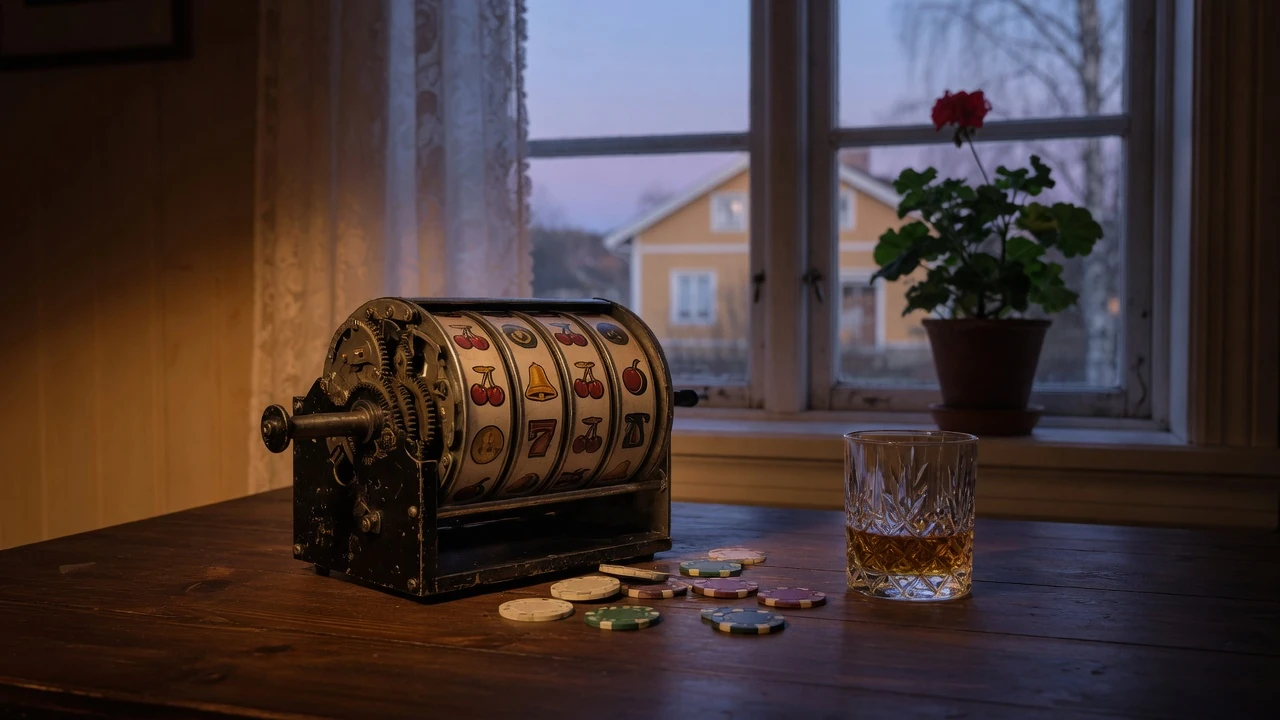 Stämningsfull bild av ett mekaniskt spelautomatnav på ett skrivbord med marker