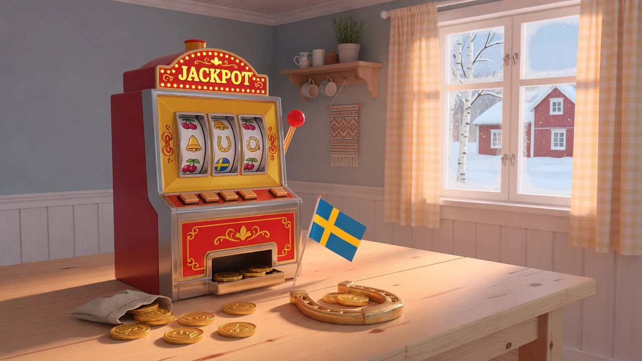 Stiliserad spelautomat i en mysig svensk inredning med mynt och hästsko