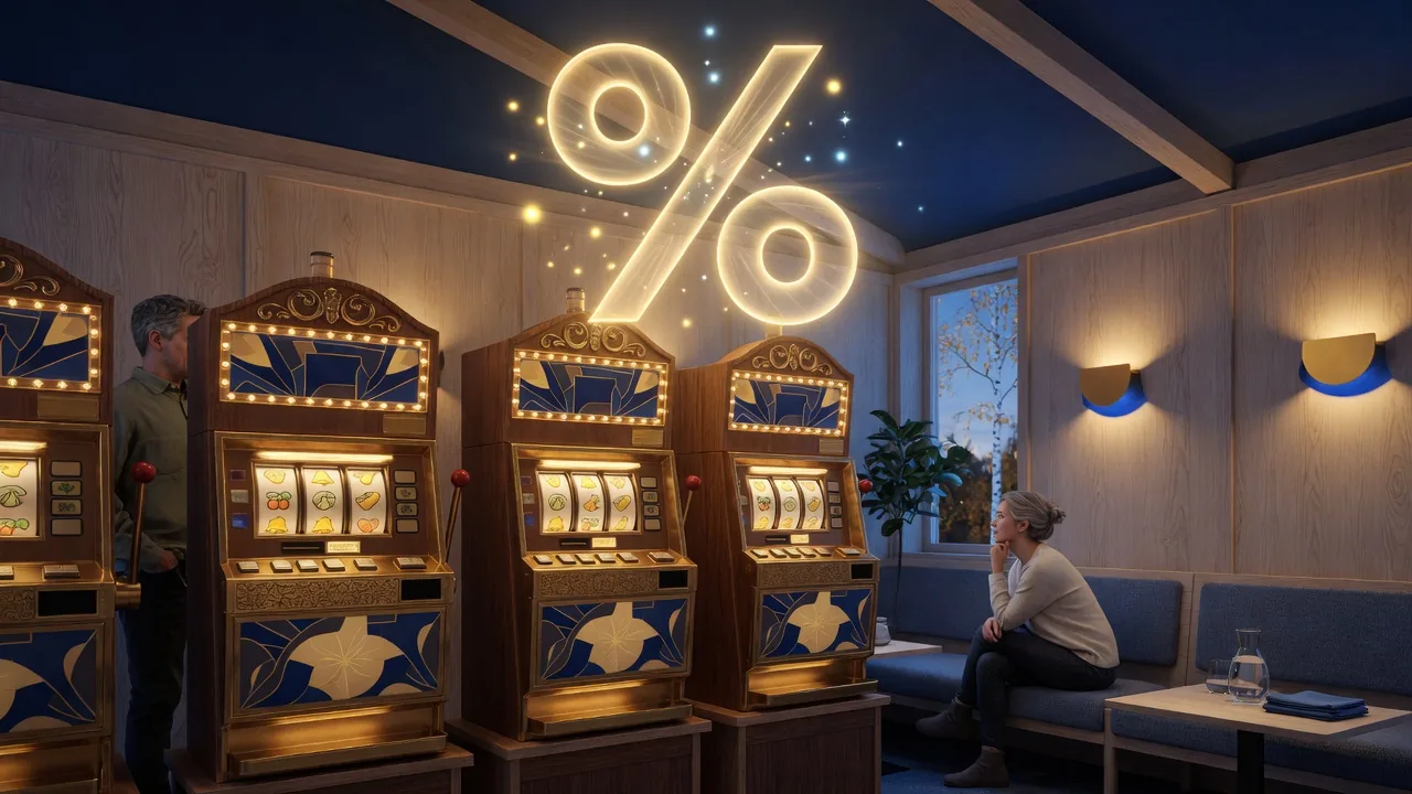 Illustration av spelautomater i en mysig svensk casinohall med varm belysning