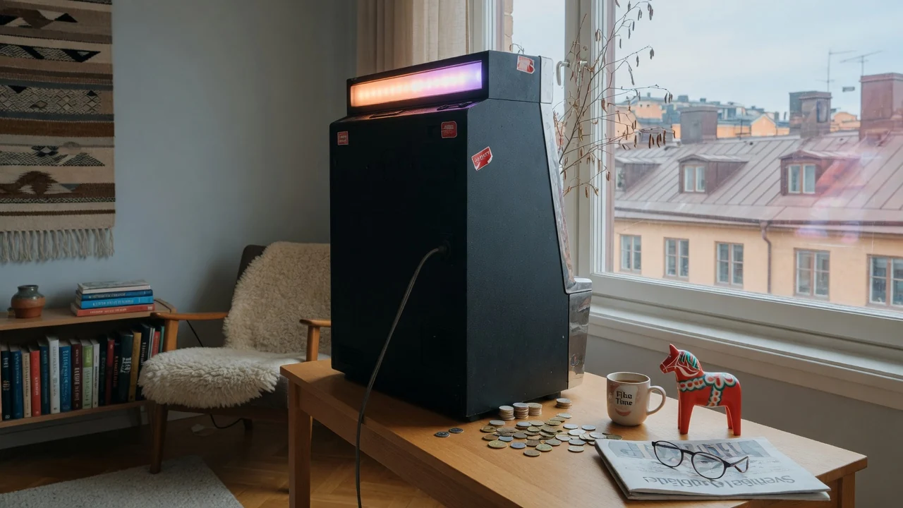 Svensk spelautomat i ett vardagsrum med myntelkronor