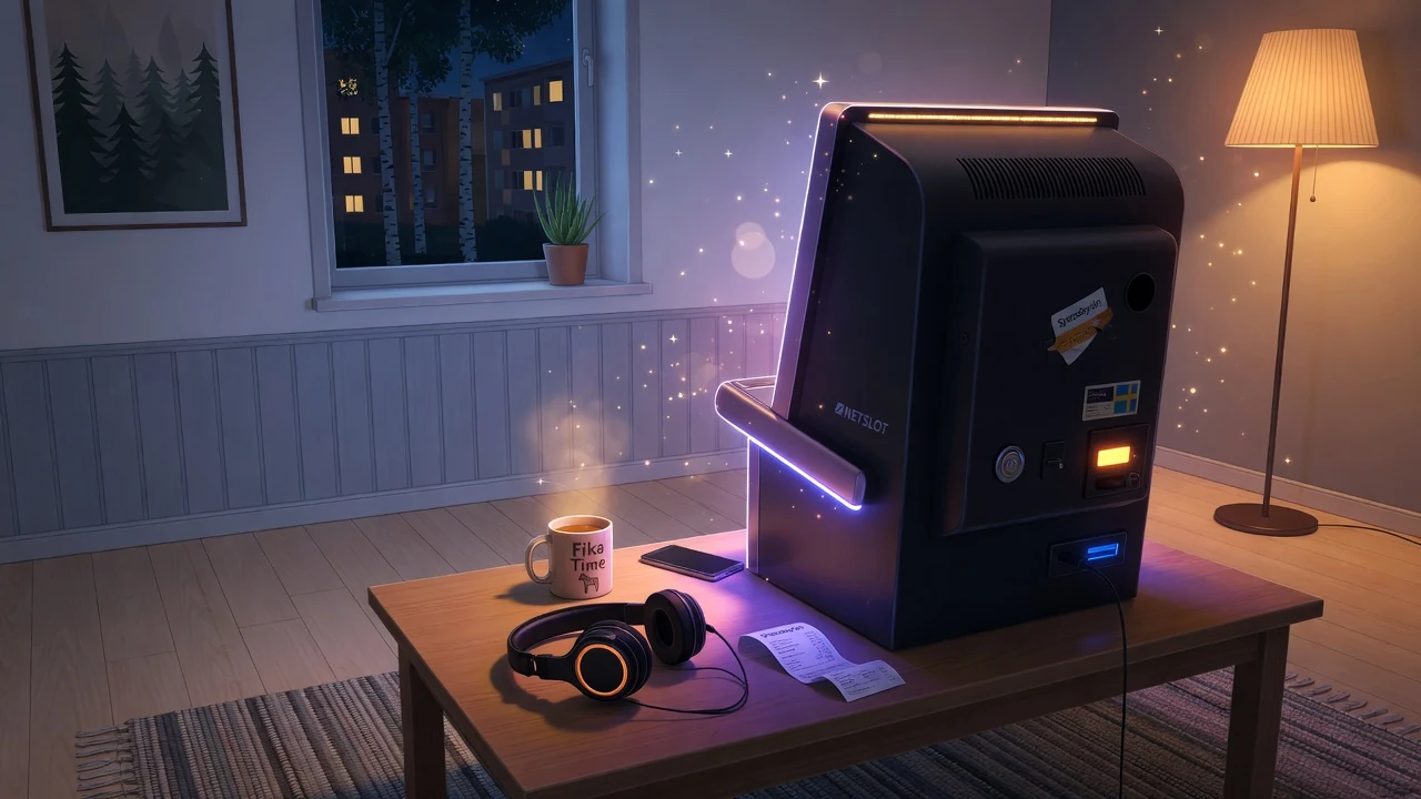 Stiliserad illustration av en nätbaserad spelautomat i ett mysigt svenskt hem