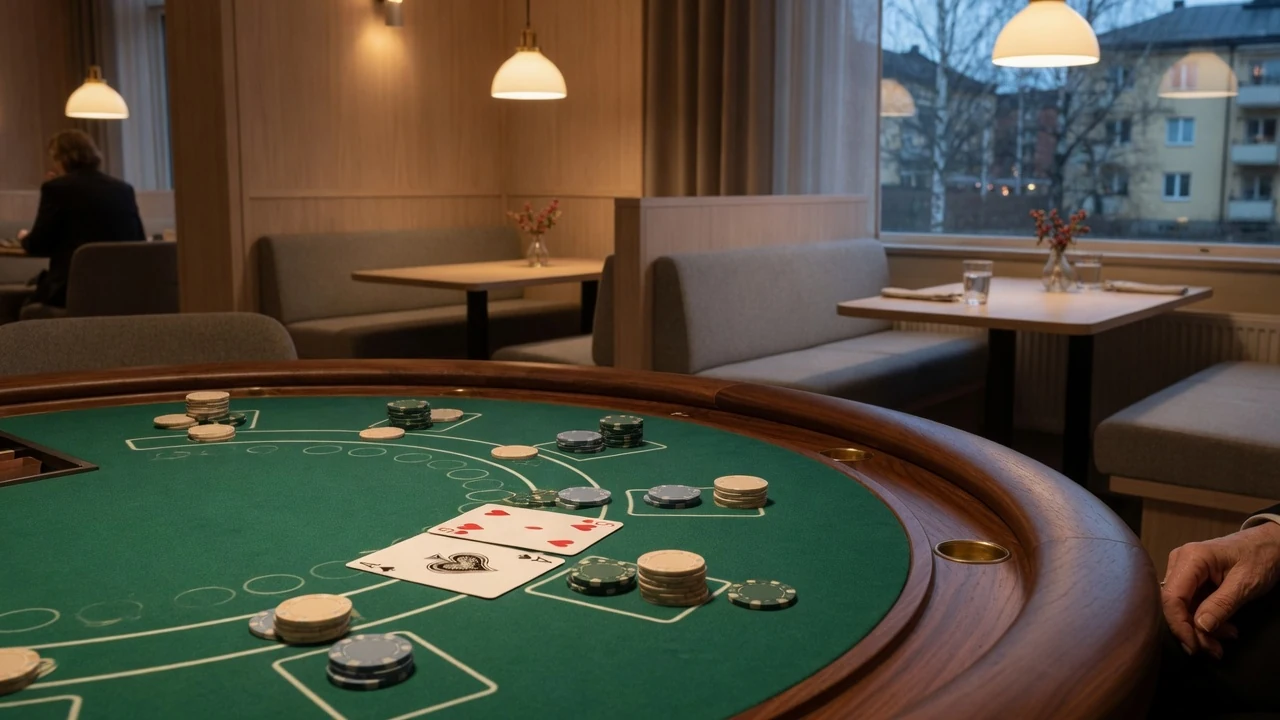 Elegant blackjackbord med kort och marker i svensk casinomiljö