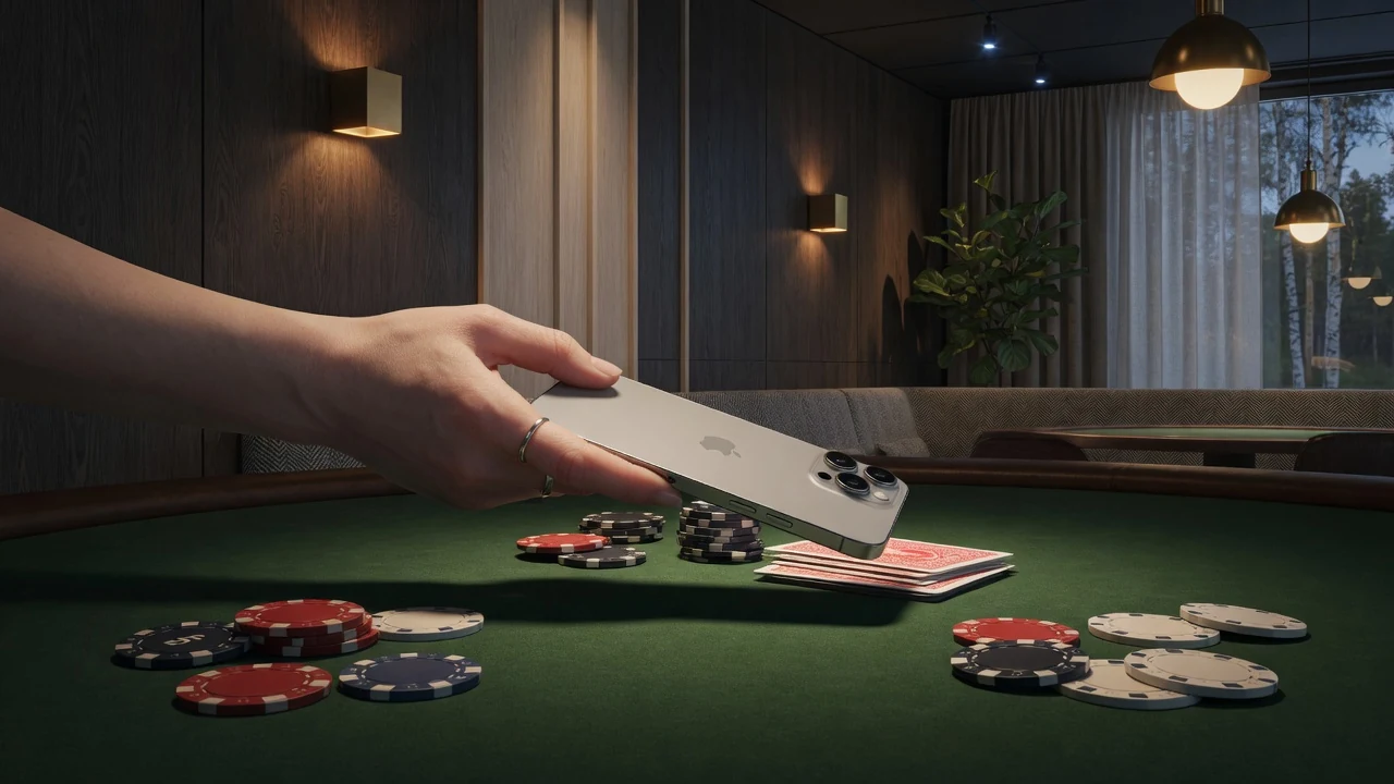 Hand som håller en iPhone för kontaktlös betalning vid ett grönt casinobord med marker