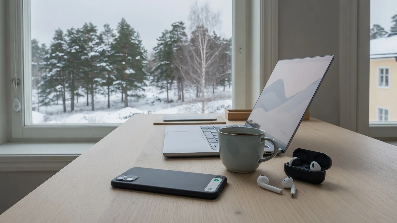 Skandinavisk minimalistisk arbetsyta med smartphone och vinterutsikt