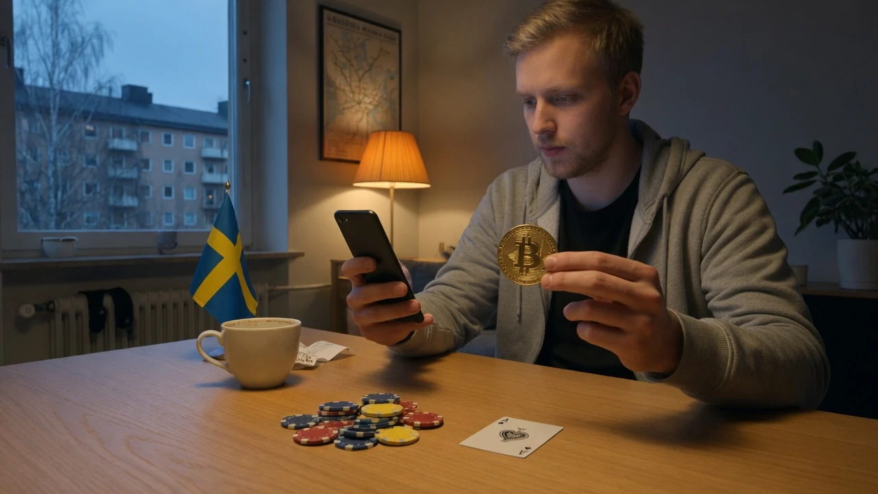 Man med bitcoin-mynt och casinofigurer i modernt svenskt vardagsrum