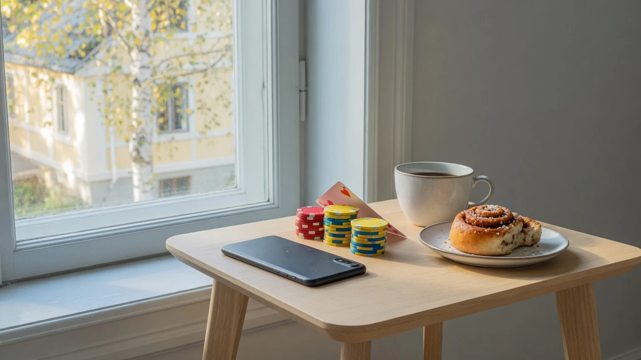Mobiltelefon, casinofigurer och kanelbulle på ett skandinaviskt bord
