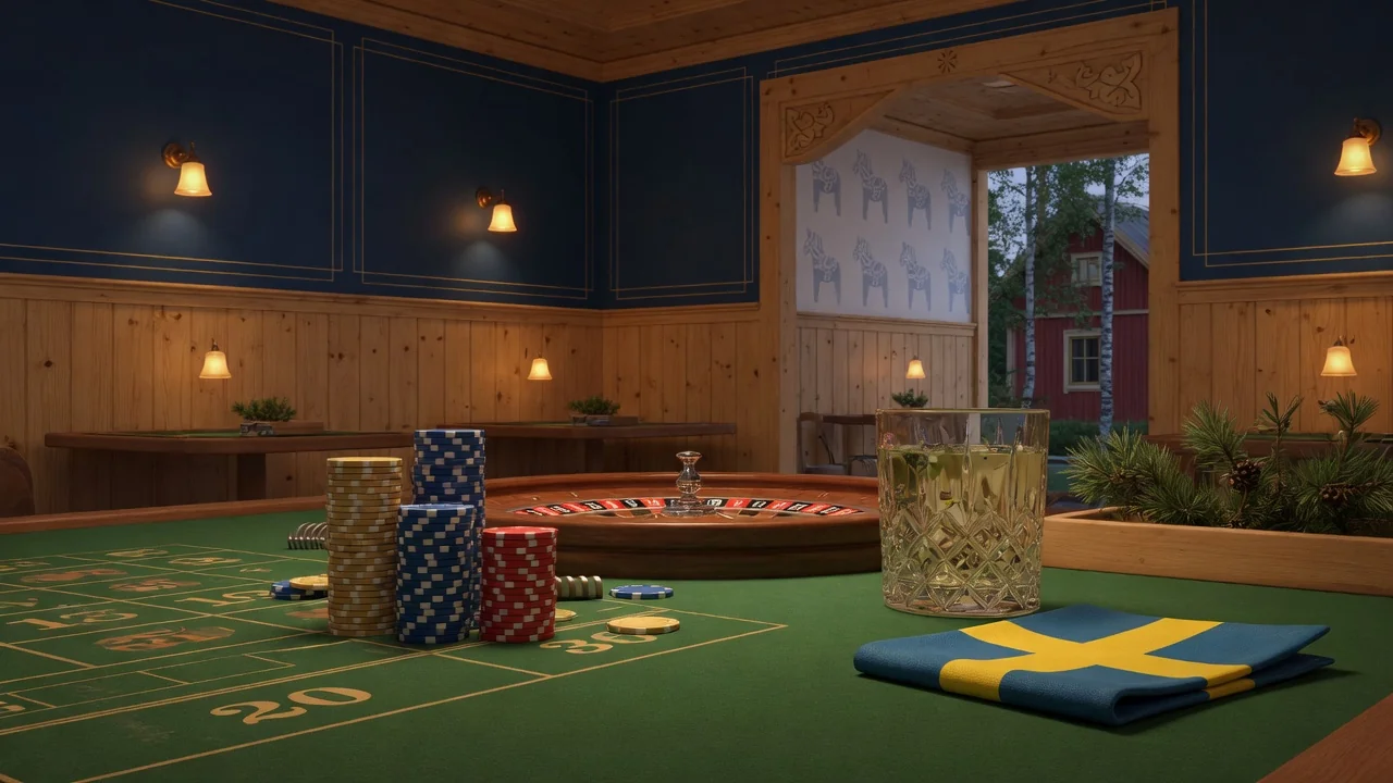 Svensk casinomiljö med roulettebord, marker och nordisk inredning
