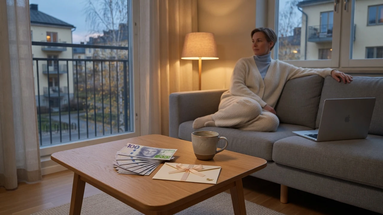 Modernt svenskt vardagsrum med kronorsedlar och ett kuvert på bordet