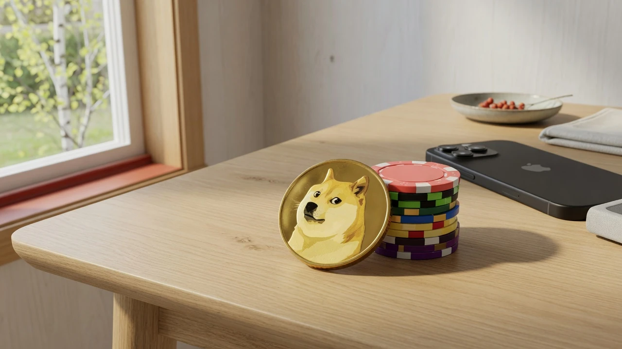 Dogecoin-mynt och casinofigurer på ett minimalistiskt skandinaviskt bord