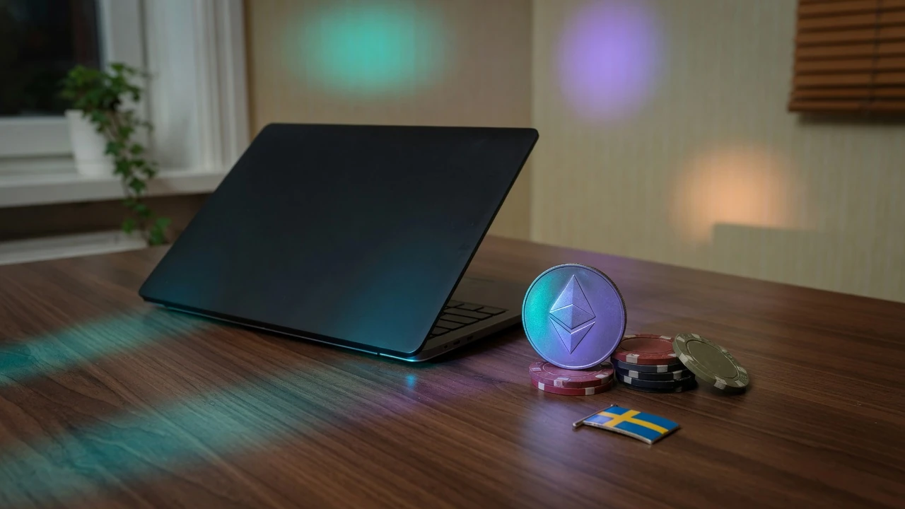 Stängd laptop bredvid en Ethereum-tiggemun och pokerfärger på skrivbordet