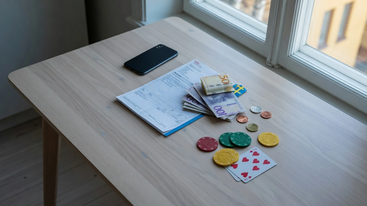Skandinavisk bordsscen med pappersfaktura, svenska kronor och casinomarker
