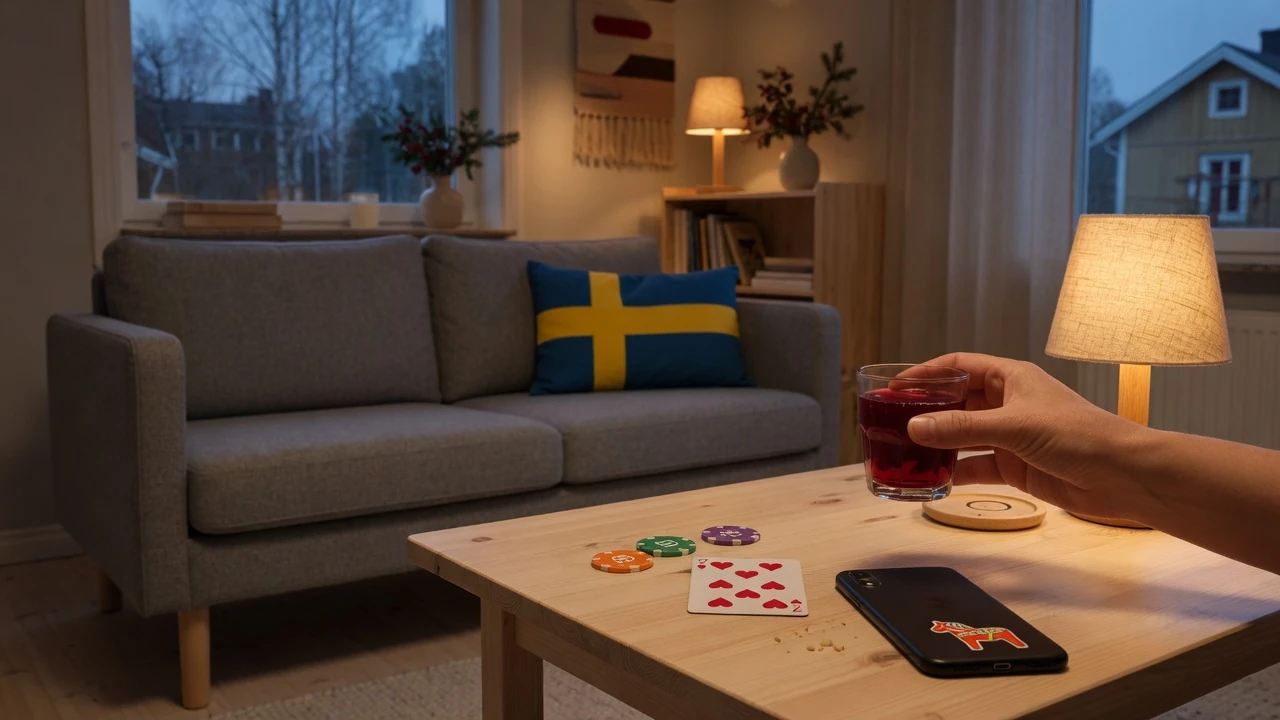 Skandinavisk vardagsrum med casinotema och svenska detaljer