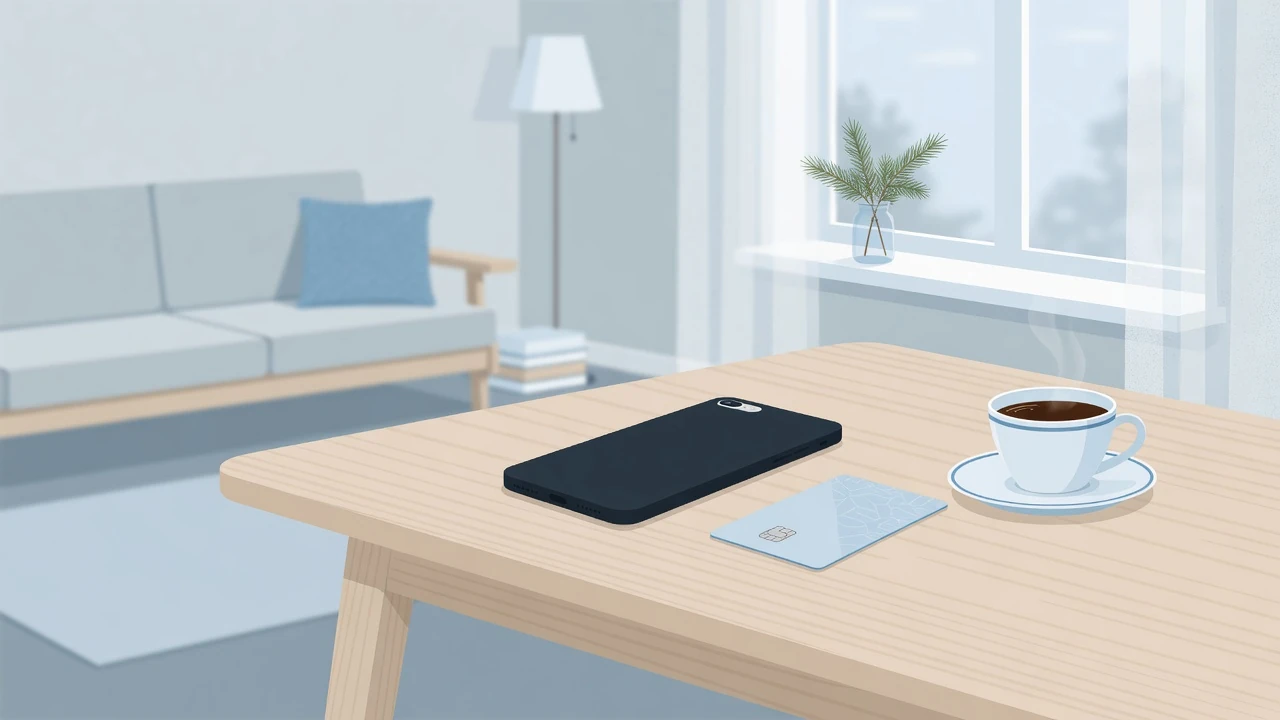 Smarttelefon och betalkort på bord i ljus svensk lägenhet