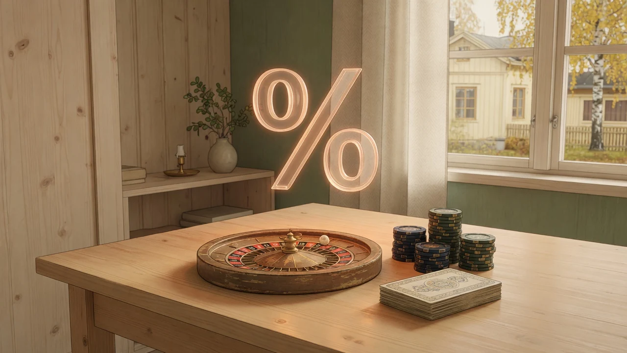 Ett glowing procenttal ovanför roulettehjul och casinomarker i minimalistisk skandinavisk miljö