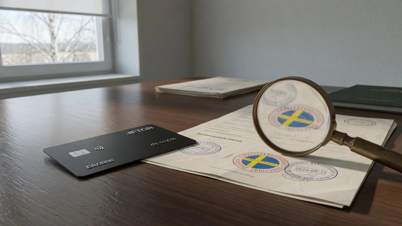 Betalningskort och förstoringsglas över licensdokument med svensk flagga