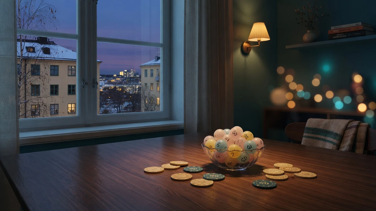 Kenobollar och casinofigurer på ett bord i ett mysigt svenskt vardagsrum