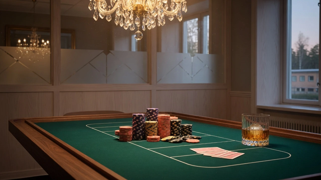 Elegant casinobord med grönt filtunderlag, marker och spelkort i varm belysning