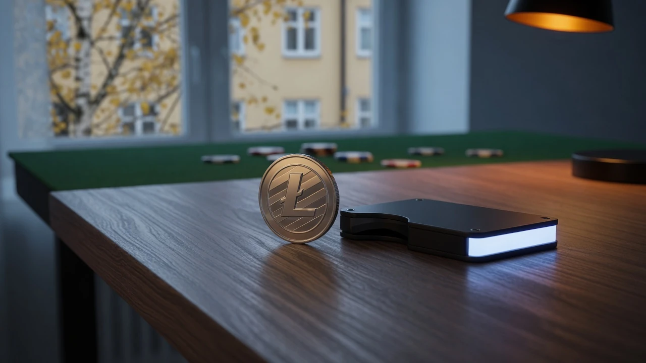 Fysisk Litecoin-mynt och en hårdvaruplånbok på ett casinobord