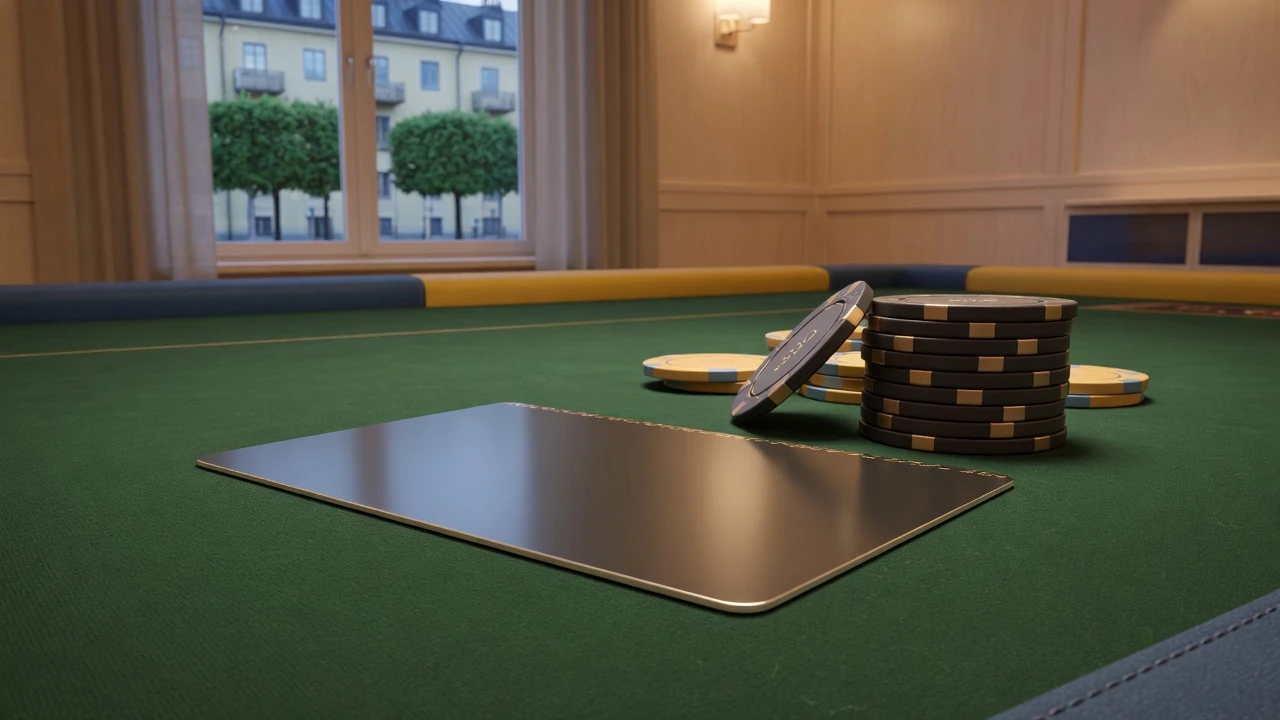 Ett kreditkort på grönt casinobord med marker, skandinavisk designkänsla