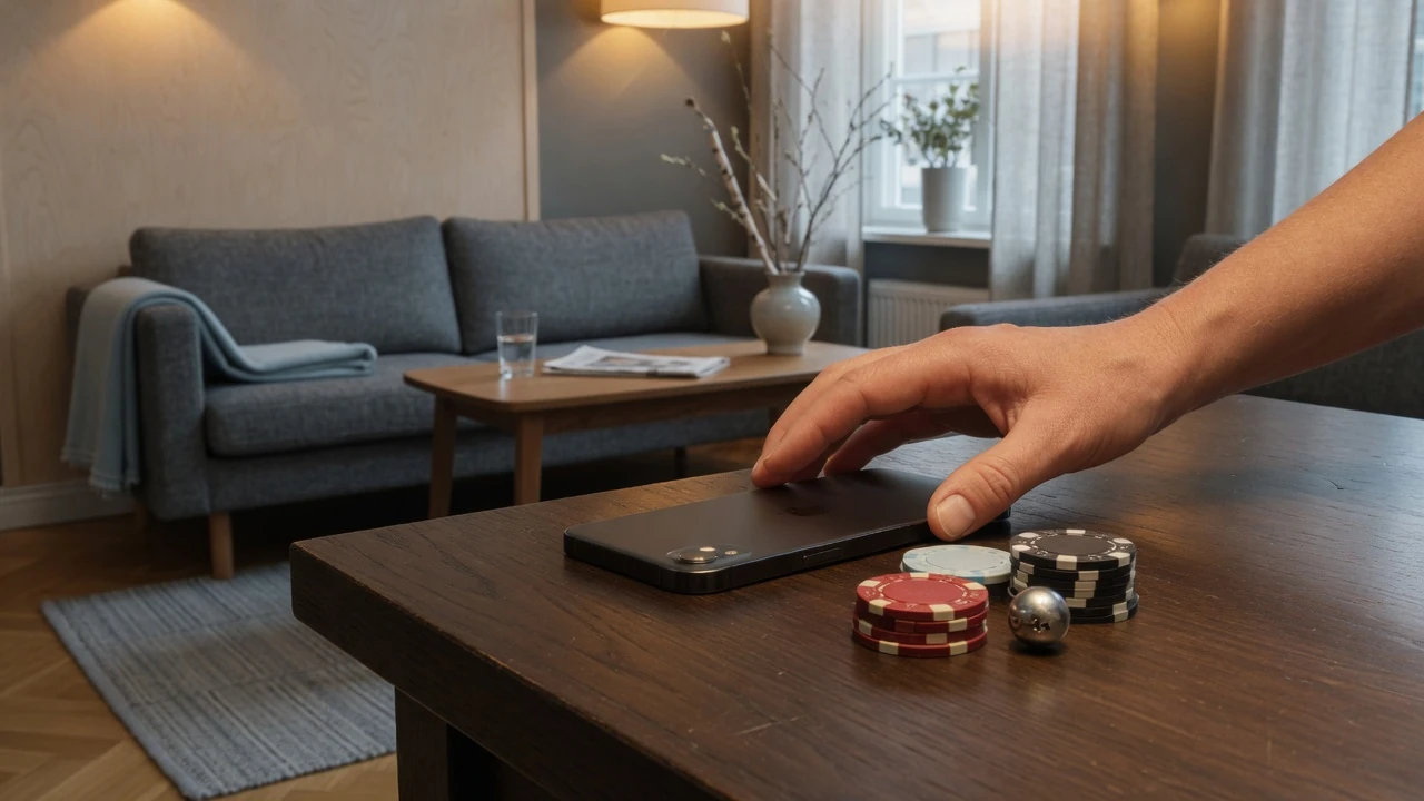 Hand med telefon nära casinofickor och roulettekula