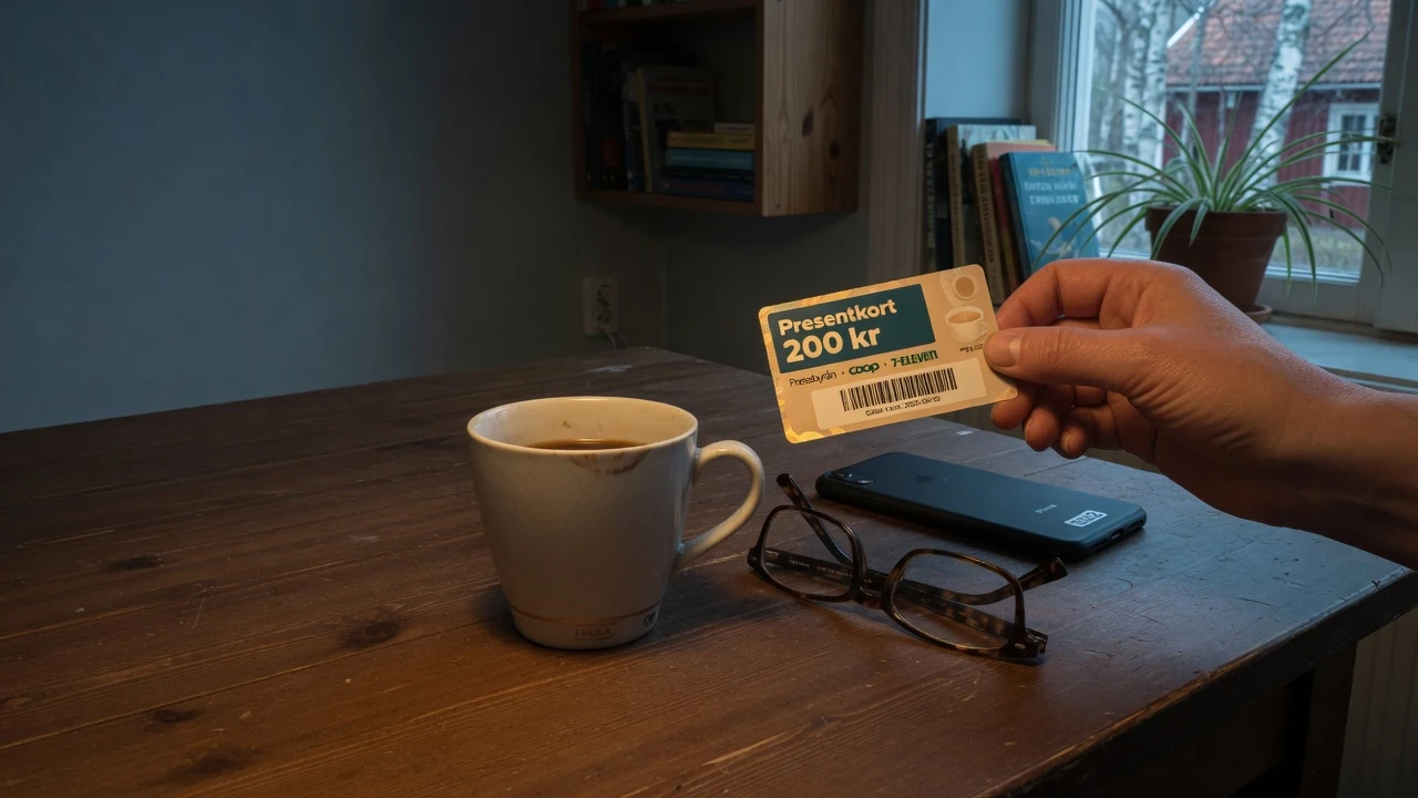 Hand som håller ett Neosurf-betalkort vid ett träbord med kaffekopp