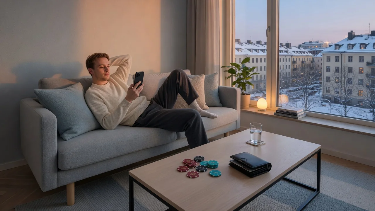 Svensk person med smartphone och casinofigurer vid fönster med vinterutsikt