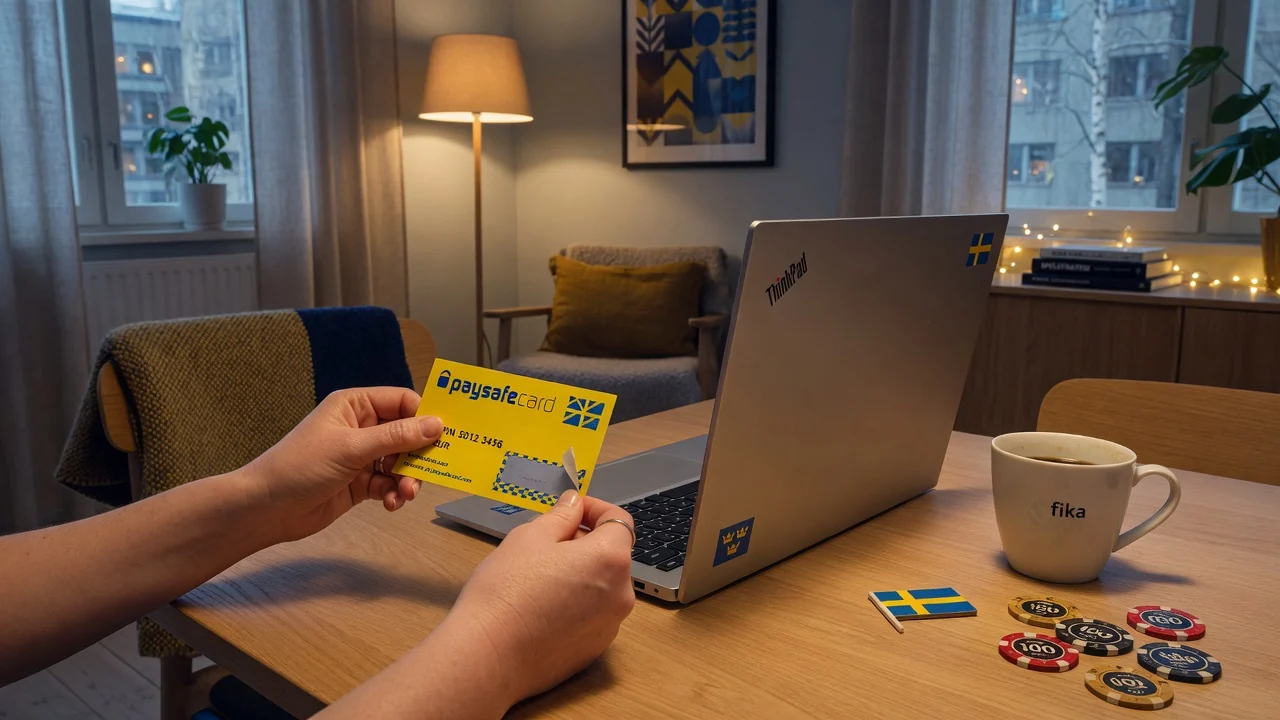 Händer som håller ett Paysafecard-kupong vid en bärbar dator i ett svenskt hem