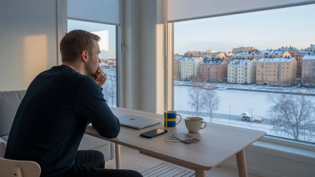 Man vid skrivbord med stängd laptop och svensk utsikt
