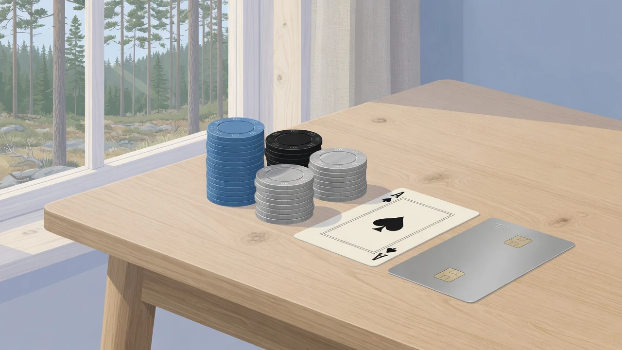 Casinofigurer, spelkort och ett generiskt modernt bankkort på ett ljust nordiskt bord