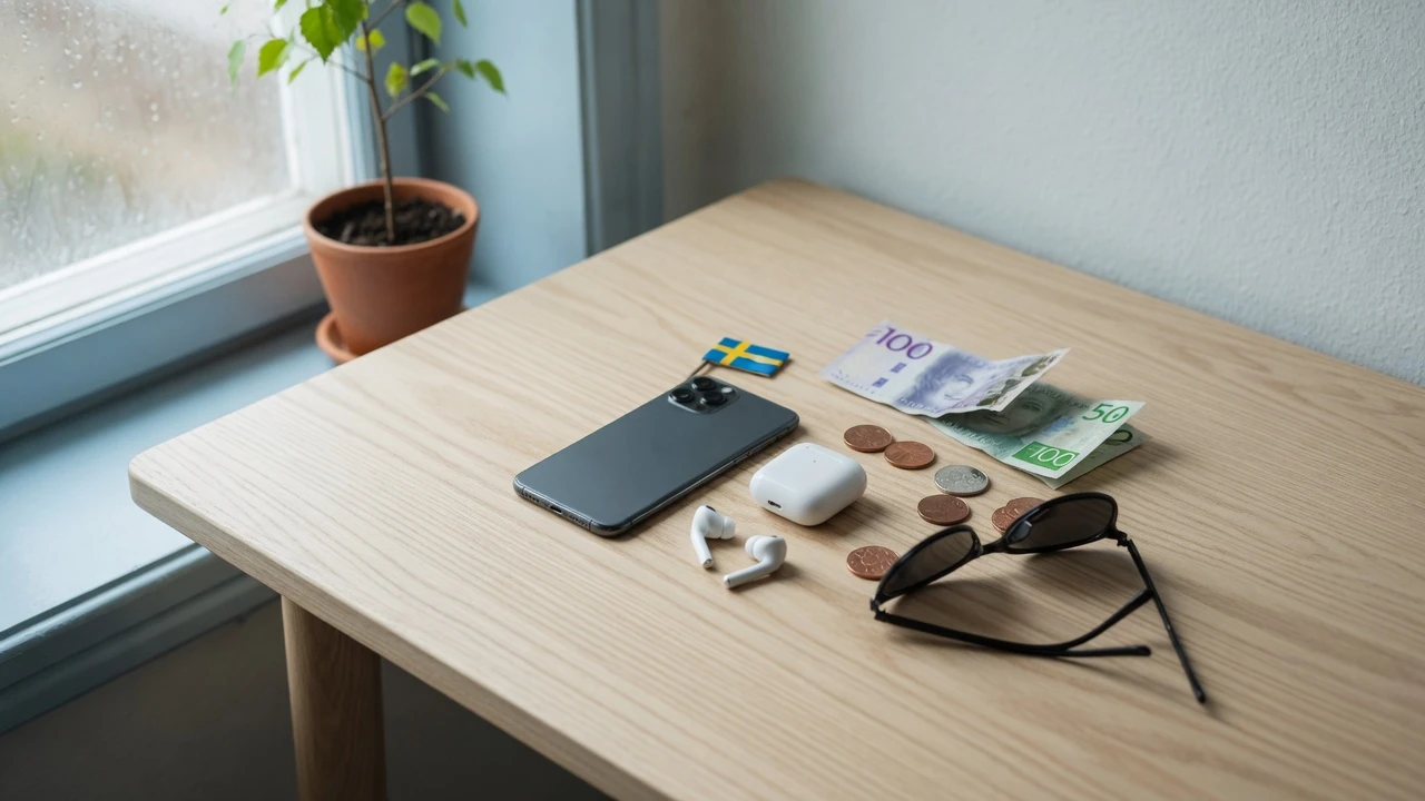 Smarttelefon med svenska kronor och en liten svensk flagga på ett ljust skandinaviskt skrivbord