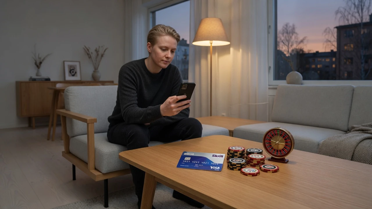 Skrill-kort och casinomarker på soffbord i modern svensk lägenhet