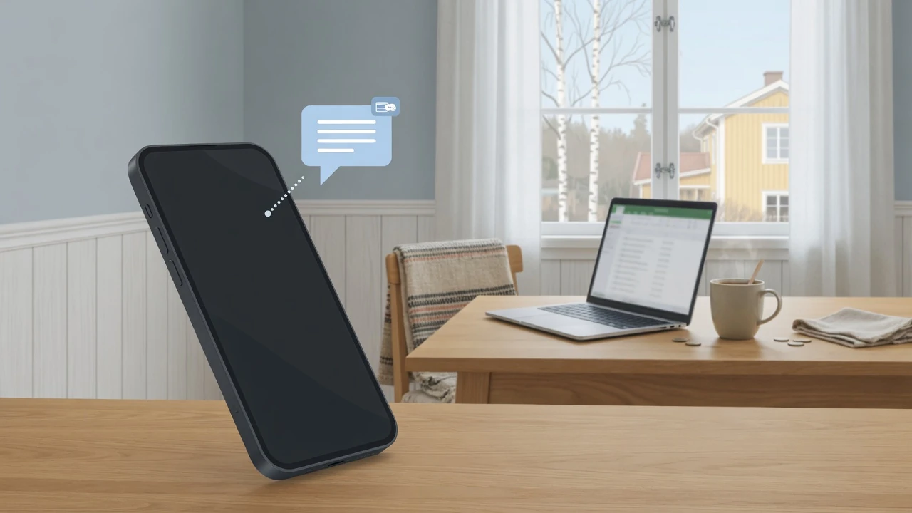 Smarttelefon med SMS-betalsymbol och modern skandinavisk interiör