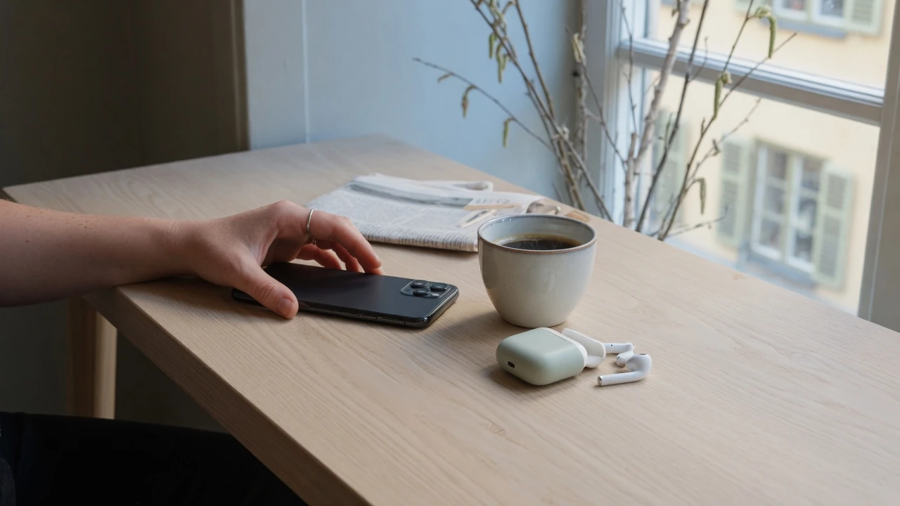Hand med smartphone och kaffekopp på kafé i Stockholm