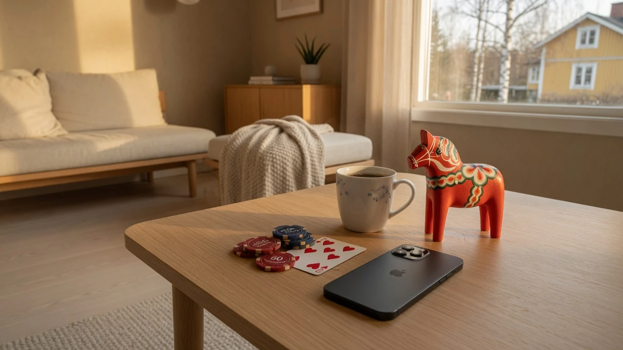 Svenskt vardagsrum med mobiltelefon, casinomarker och en spelkort vid sidan