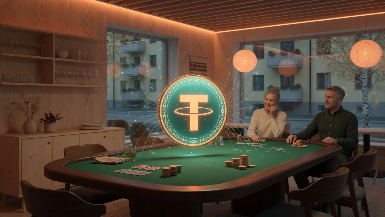 Glowing USDT-mynt ovanför casinobord med blockchain-nätverk