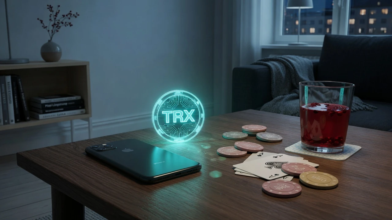 Kryptovaluta Tron-mynt på ett casinobord i svensk miljö