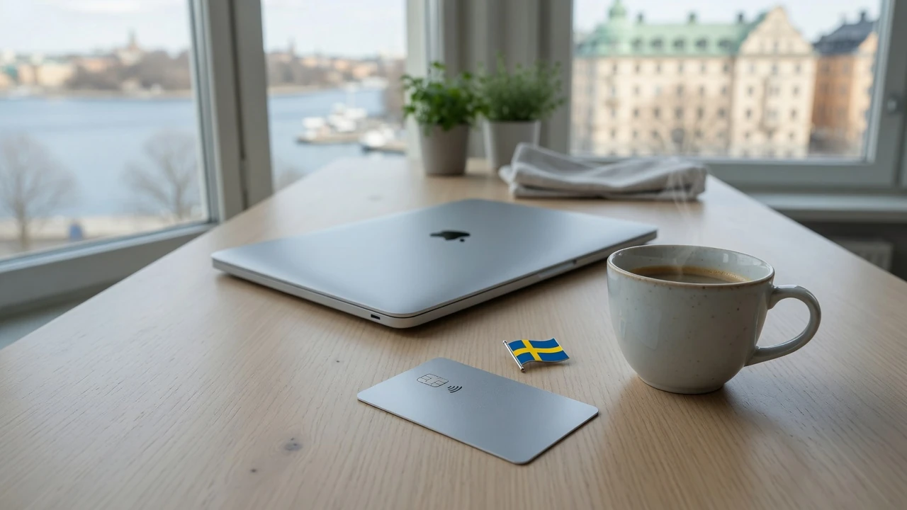 Visa-kort på skrivbord i minimalistisk svensk inredning