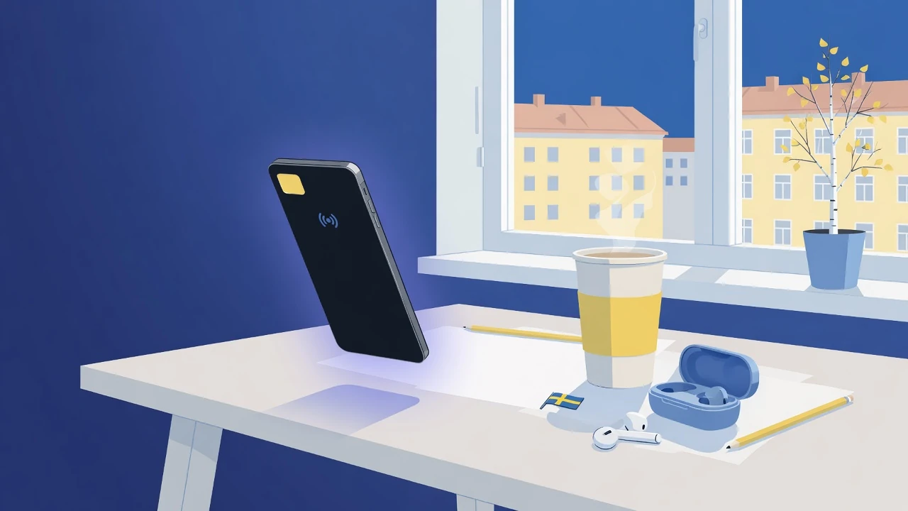 Stiliserad smartphone och skrivbord i nordisk fintech-stil