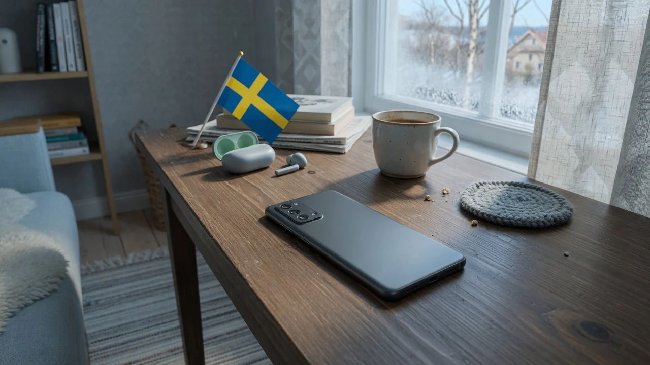 Android-mobil på ett bord i en modern svensk hemmiljö med dagsljus