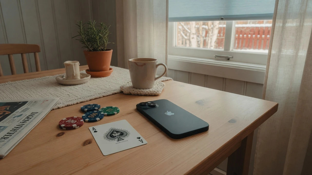iPhone på bord bredvid pokerfärgar i svensk hemmiljö