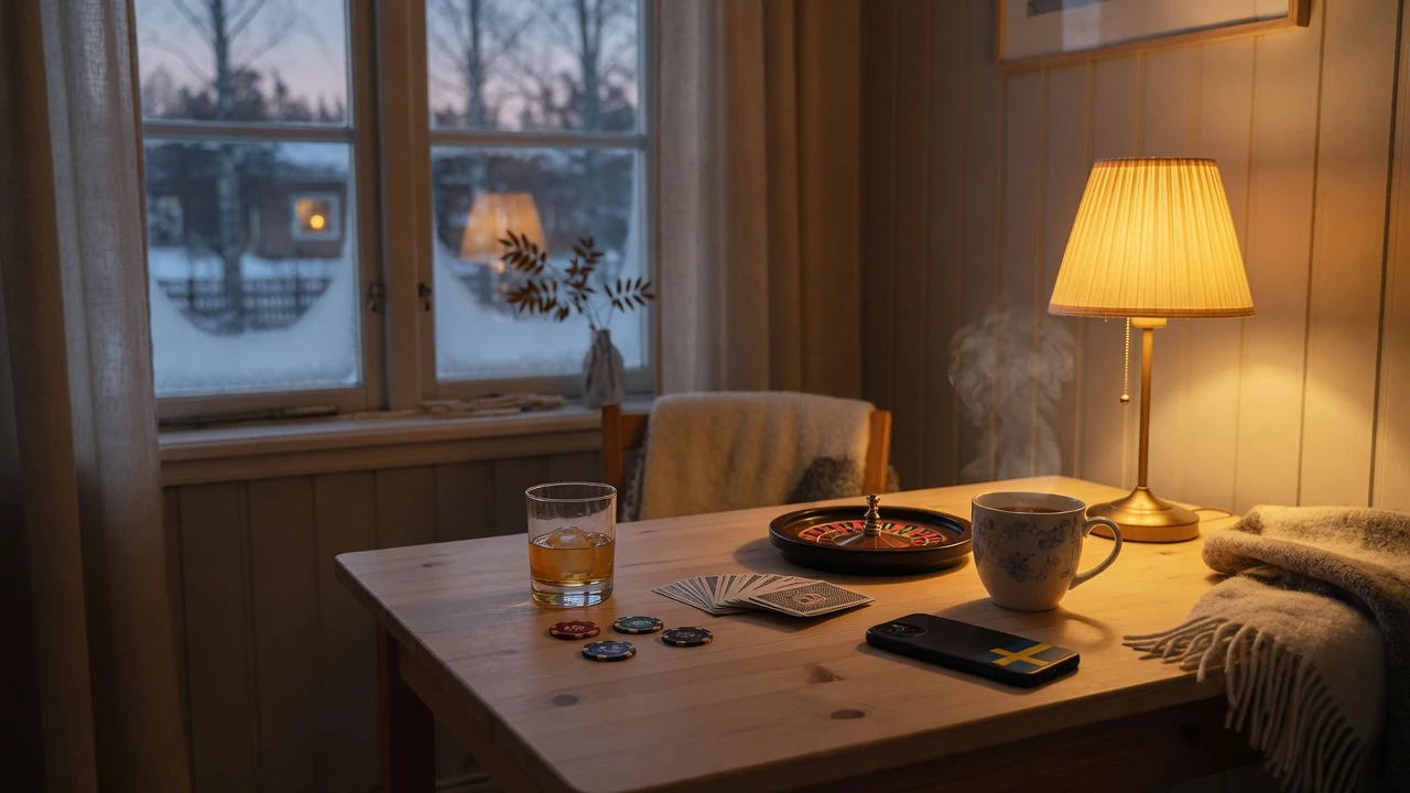 Stämningsfullt svenskt vardagsrum med casinotillbehör och en mobiltelefon vid sidan om