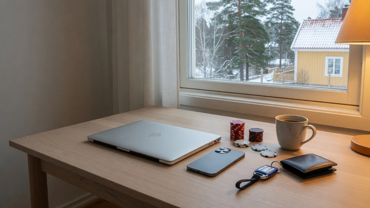 Skandinavisk skrivbord med stängd laptop, telefon, casinomarker och BankID-nyckel